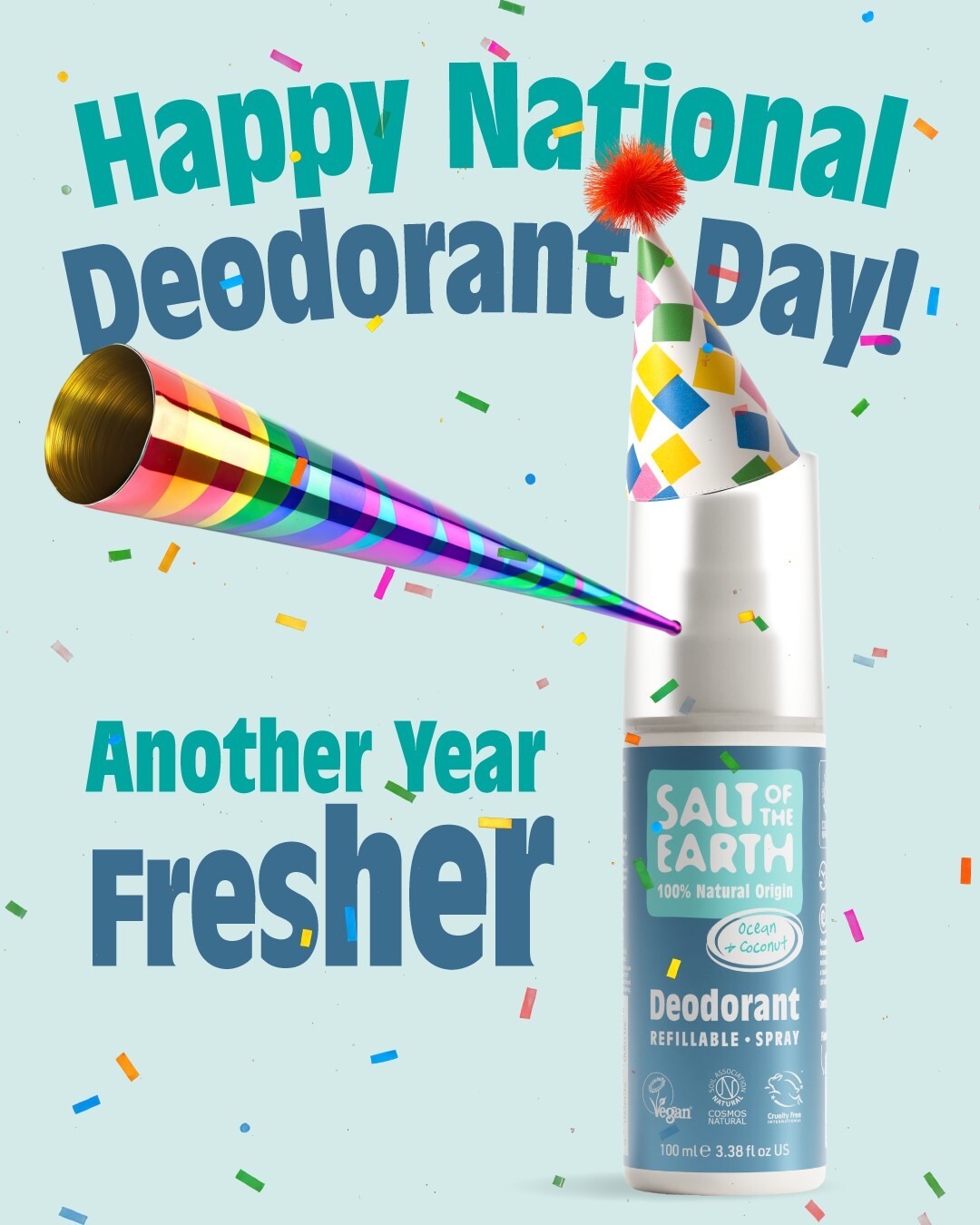 Salt of the Earth Ocean & Coconut refillable spray deodorant wearing a party hat with confetti and party blower, celebrating National Deodorant Day with the text ‘Happy National Deodorant Day! Another Year Fresher