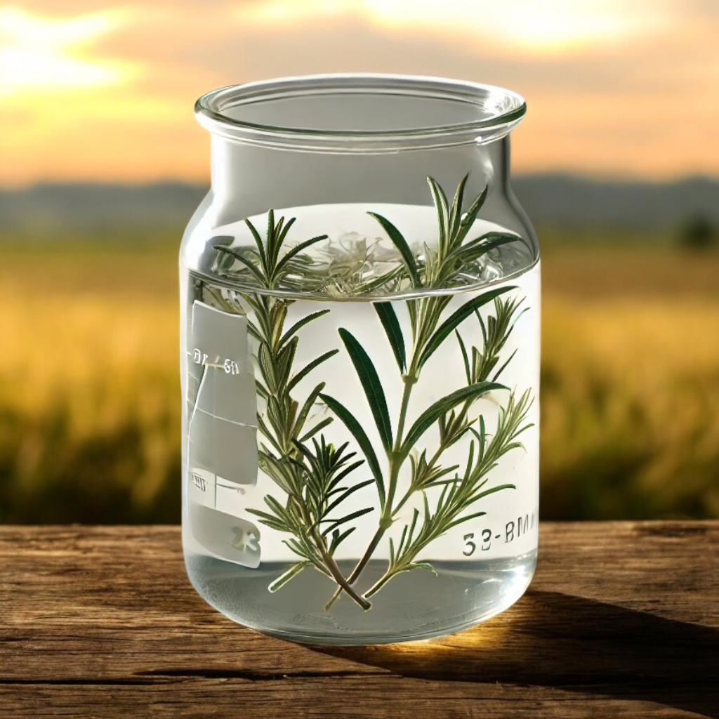 Glass beaker filled with water and herbs, showcasing natural ingredients with an outdoor countryside view