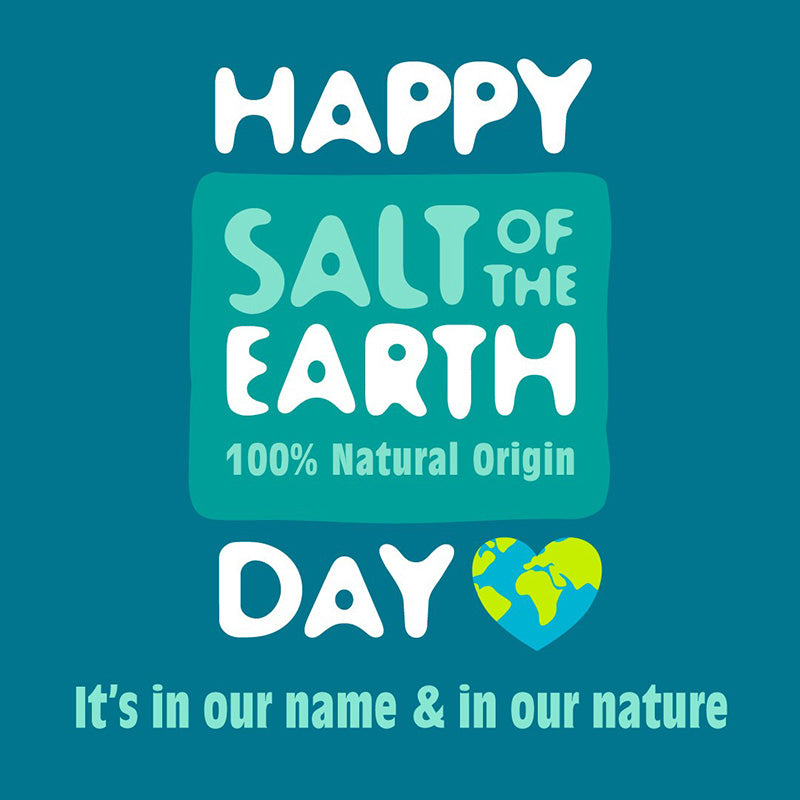 Happy Earth Day graphic with Salt of the Earth logo, '100% Natural Origin' text, and a heart-shaped Earth icon. Text reads 'It's in our name & in our nature'