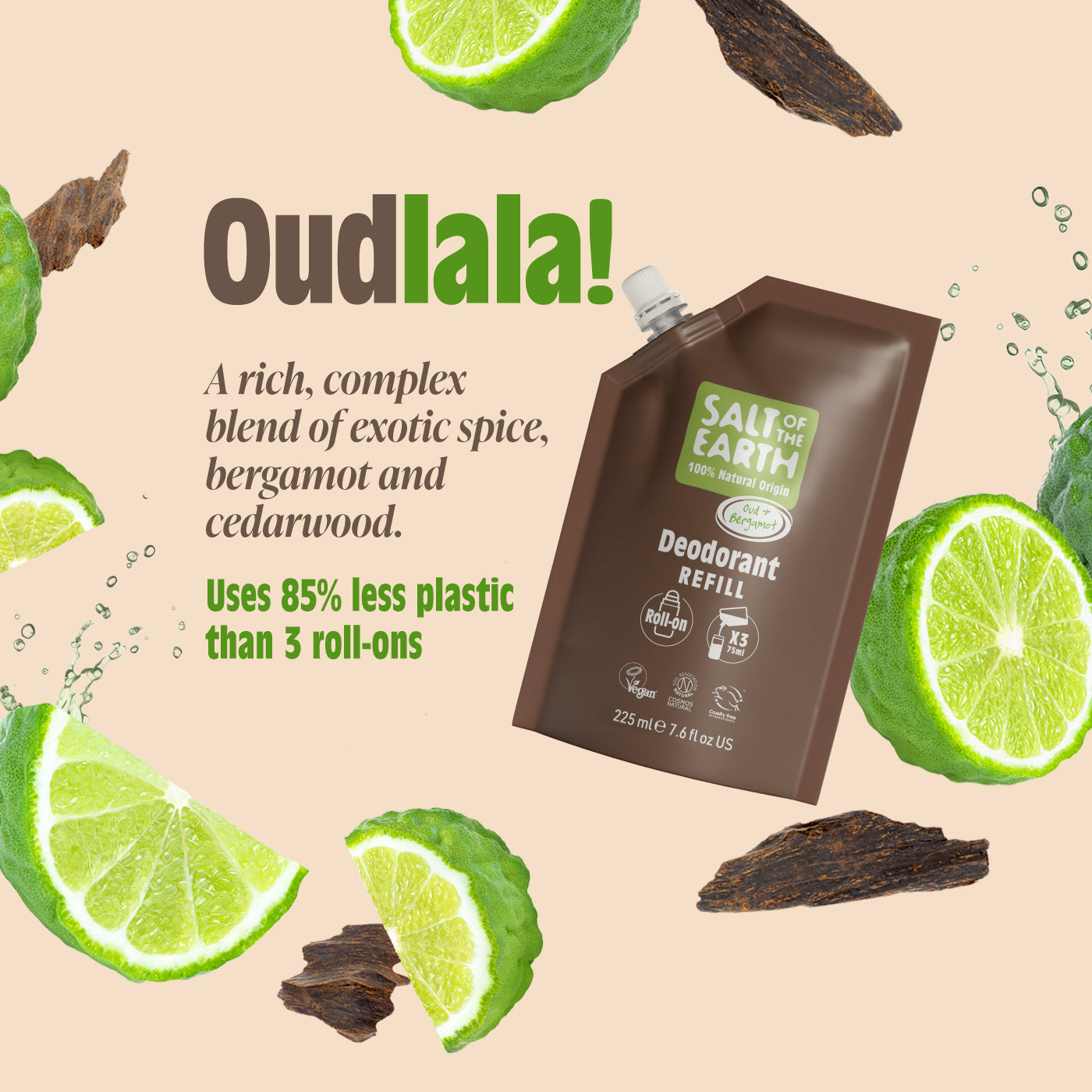 Salt of the Earth Oud & Bergamot roll-on deodorant refill pouch with natural ingredients like lime, bergamot, and cedarwood, promoting 85% less plastic use compared to three roll-ons.