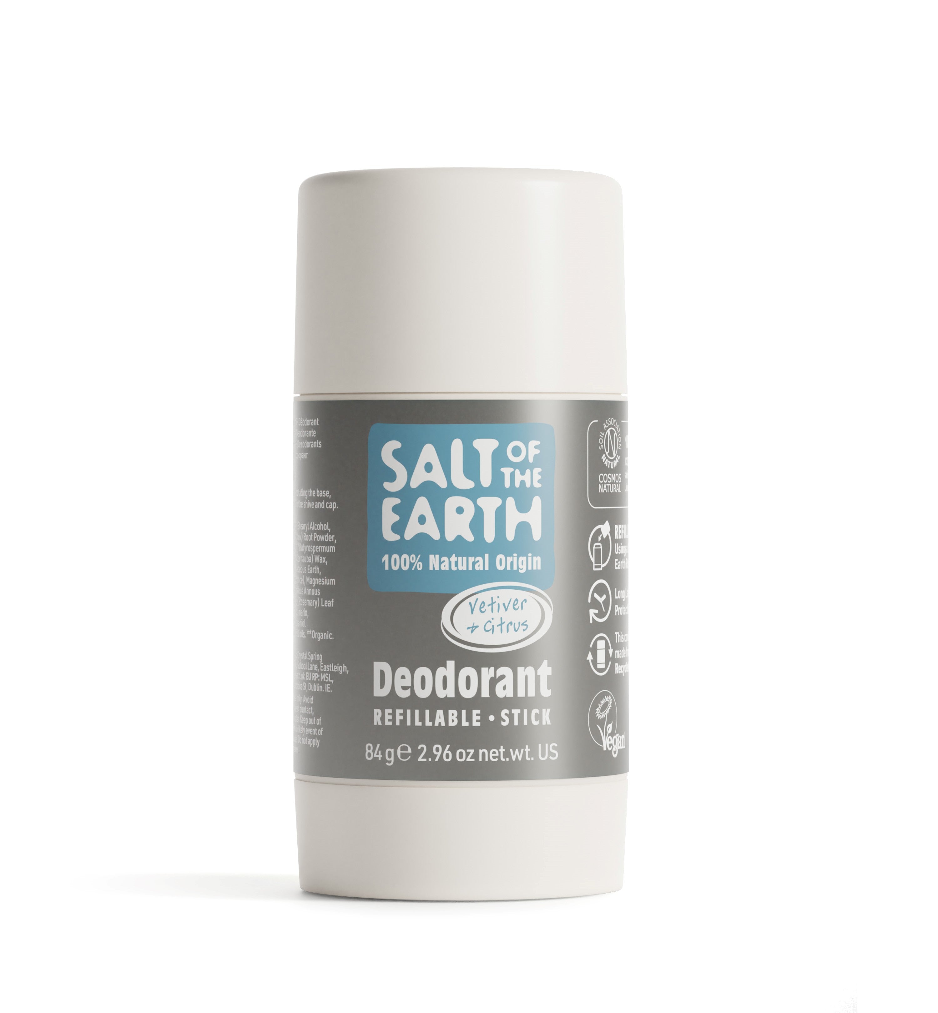 Salt of the Earth 84g Vetiver &amp; Citrus natural deodorant stick with refillable packaging.