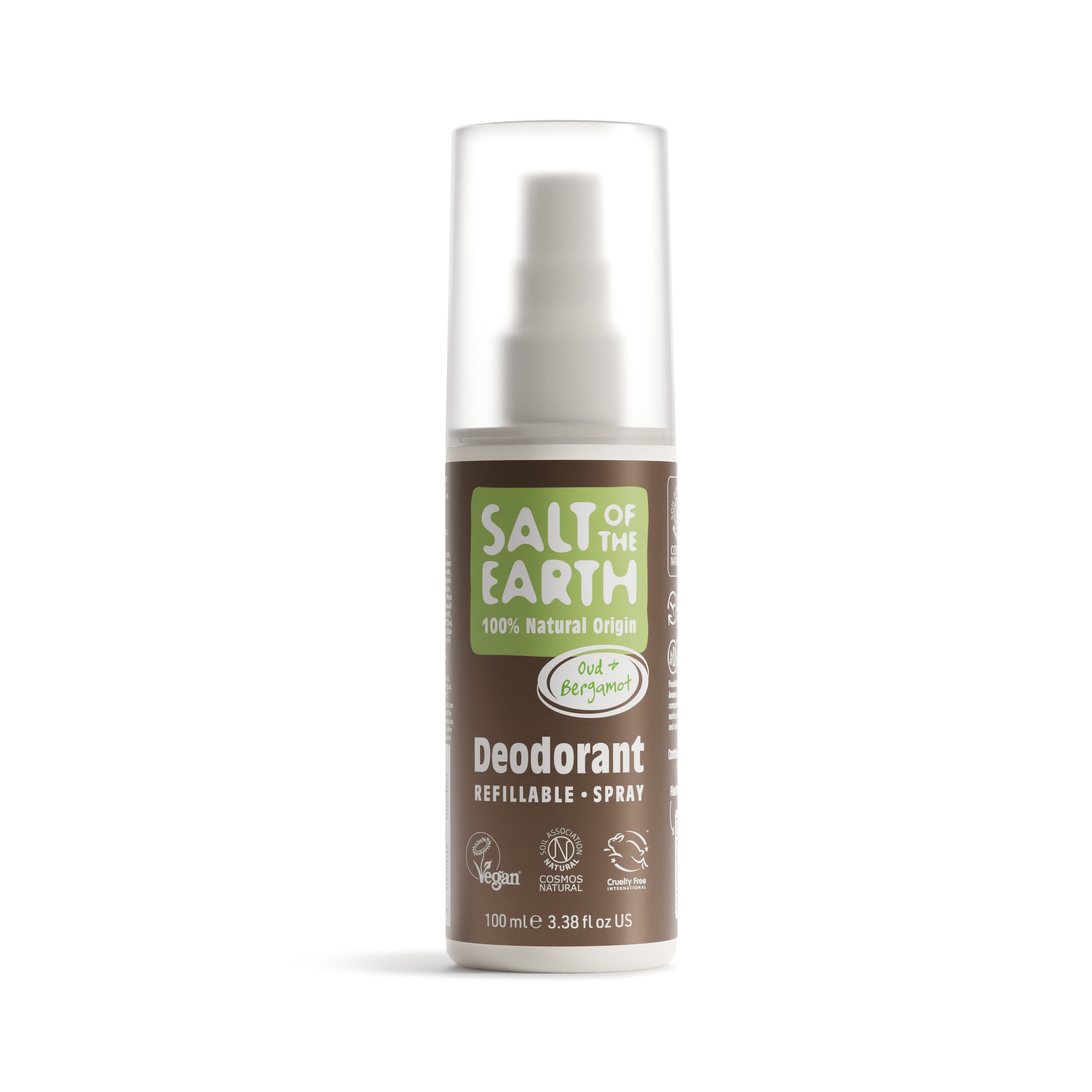 Salt of the Earth 100ml Oud + Bergamot  natural deodorant spray in refillable packaging.