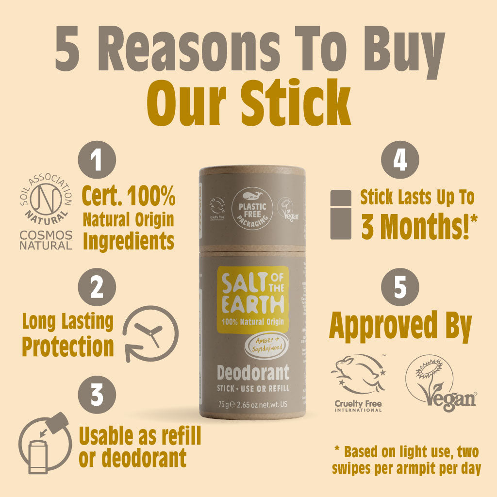 Amber & Sandalwood Natural Deodorant Stick - Use or Refill