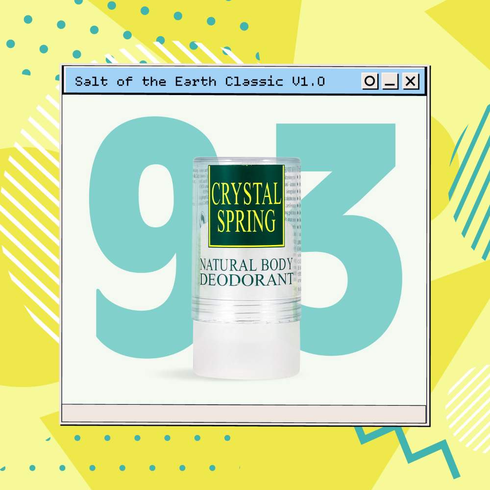 Crystal Spring natural body deodorant featured in retro-style graphic celebrating 1993 product launch