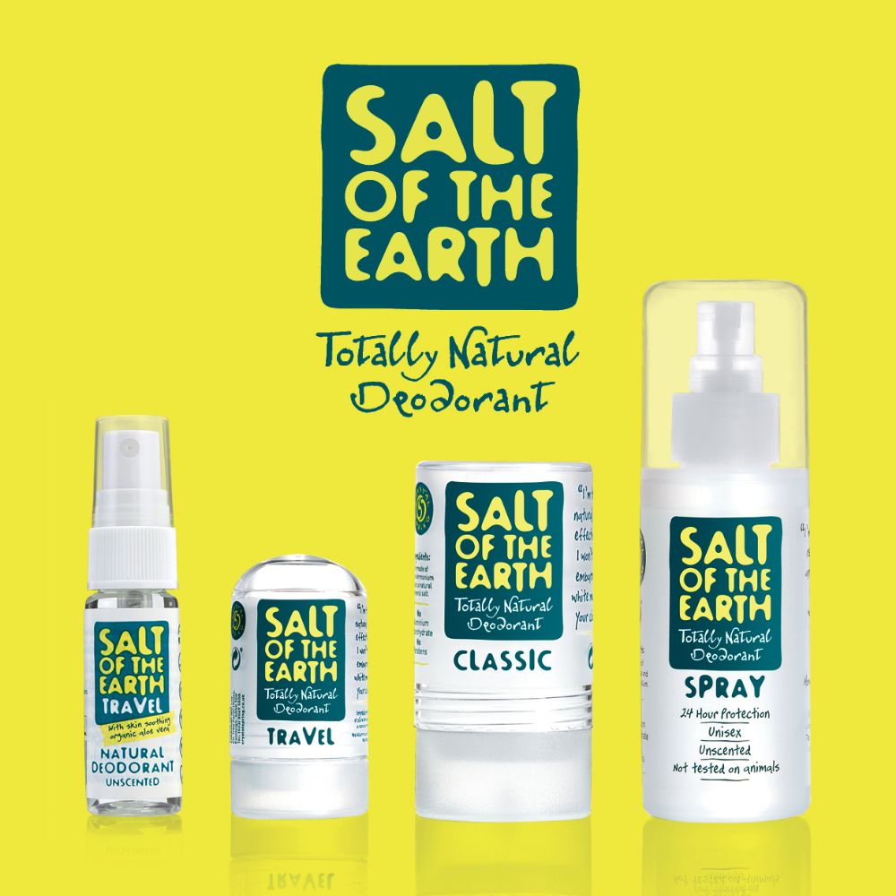 Salt of the Earth natural deodorant range including travel spray, roll-on, crystal stick and classic spray on bright yellow background