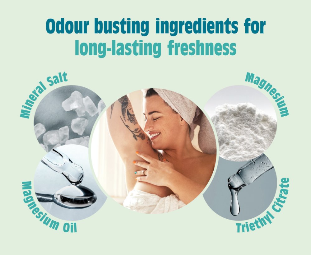 Infographic showing key odour-busting ingredients in Salt of the Earth deodorants including mineral salt, magnesium, magnesium oil and triethyl citrate
