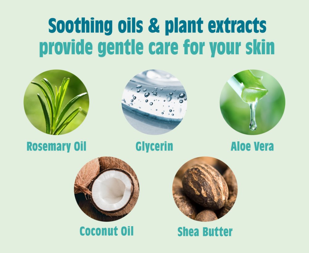 Infographic showing soothing plant extracts in Salt of the Earth deodorants including rosemary oil, glycerin, aloe vera, coconut oil and shea butter