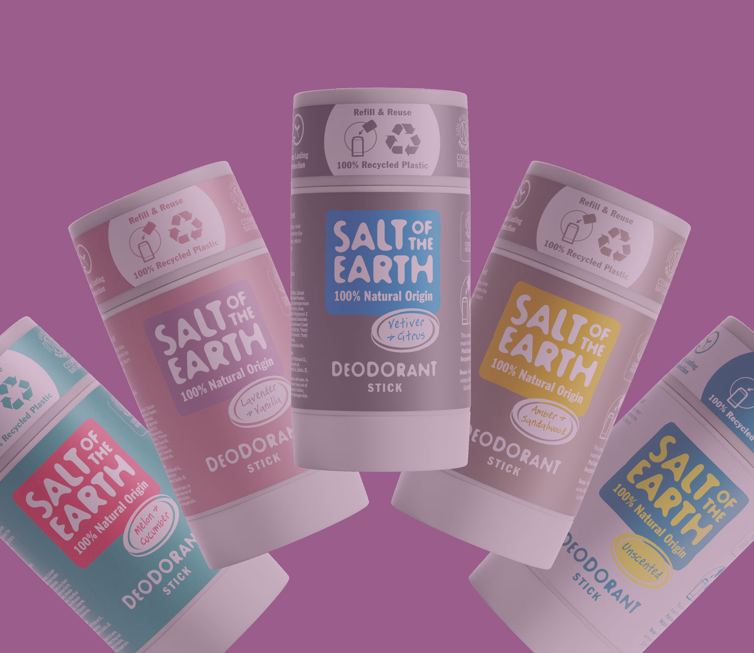 A semi circle of natural deodorants sticks on a purple back ground